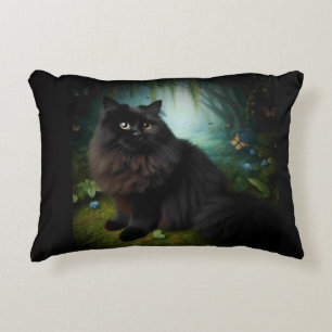 Fluffy Black Cat in Misty Woods Accent Pillow