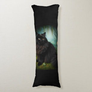 Fluffy Black Cat in Misty Woods Body Pillow