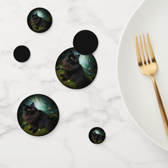 Fluffy Black Cat in Misty Woods Confetti (Group)
