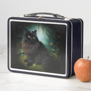Fluffy Black Cat in Misty Woods Metal Lunch Box