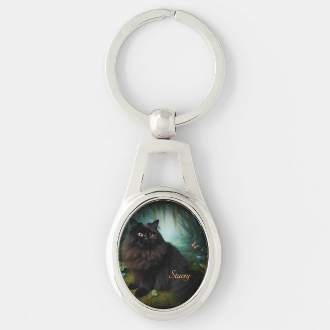 Fluffy Black Cat in Misty Woods Name Front Keychain (Front)