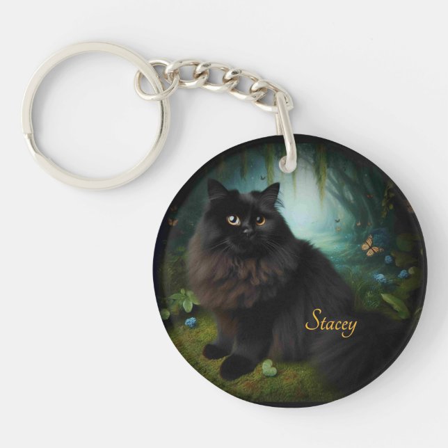 Fluffy Black Cat in Misty Woods Name Front Keychain (Front)