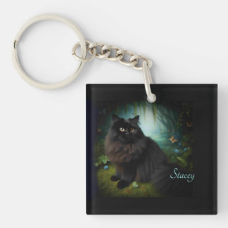 Fluffy Black Cat in Misty Woods Name Front Keychain