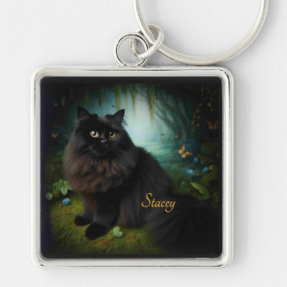Fluffy Black Cat in Misty Woods Name Front Keychain
