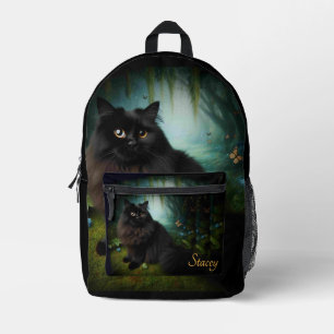 Fluffy Black Cat in Misty Woods Name Printed Backpack
