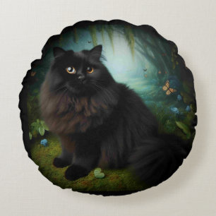 Fluffy Black Cat in Misty Woods Round Pillow