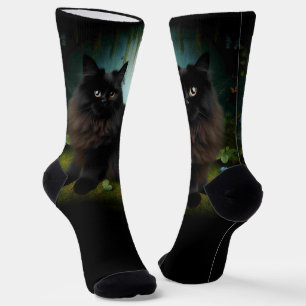 Fluffy Black Cat in Misty Woods Socks