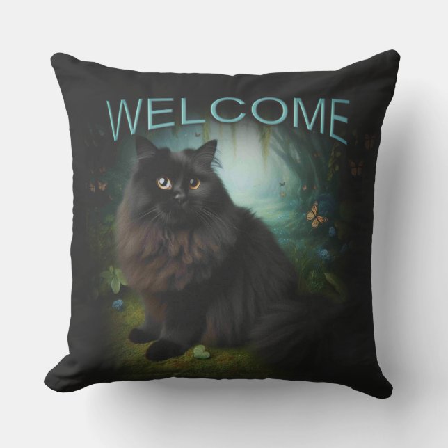 Fluffy Black Cat in Misty Woods Welcome Outdoor Pillow (Front)