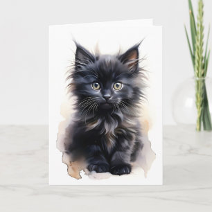 Fluffy Black Long-Haired Cat Watercolor Blank Card