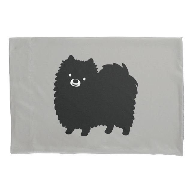 Fluffy Black Pomeranian | Cute Cartoon Dog Pillowcase (Front)