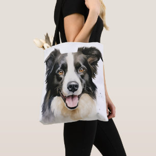 FLUFFY BLACK & WHITE BORDER COLLIE DOG TOTE BAG