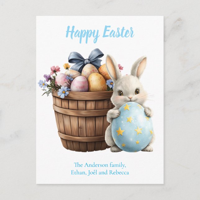 Fluffy Bunny Watercolor Plants Eggs Easter  Holiday Postcard (Front)