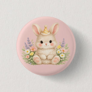Fluffy Bunny Wildflower Design for Charming Garden 1 Inch Round Button