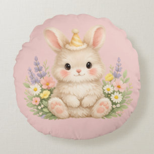 Fluffy Bunny Wildflower Design for Charming Garden Round Pillow