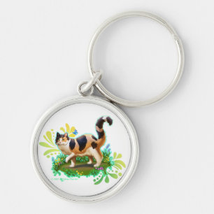 Fluffy Calico Cat with Butterfly Keychain