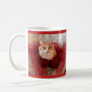 Fluffy Cat and Red Ribbon Mug