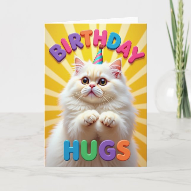Fluffy Cat Birthday Hat Card (Front)