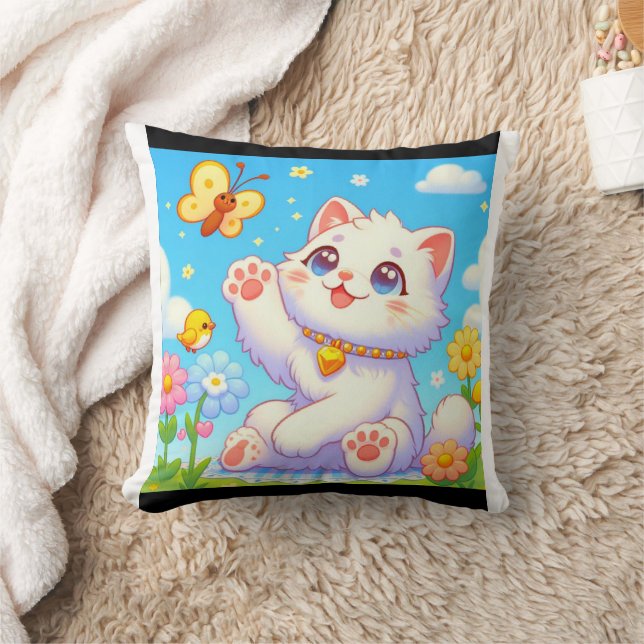 Fluffy cat playing with butterfly throw pillow (Blanket)