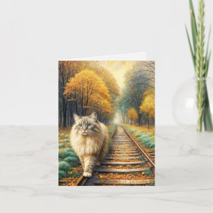 Fluffy Cat Walking Down Railroad Tracks Card