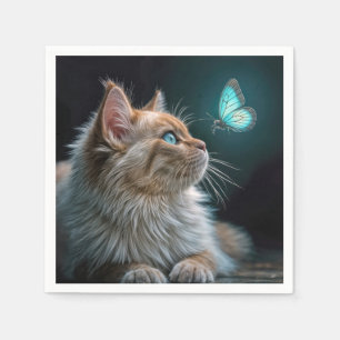 Fluffy Cat With a Glowing Neon Butterfly Napkin