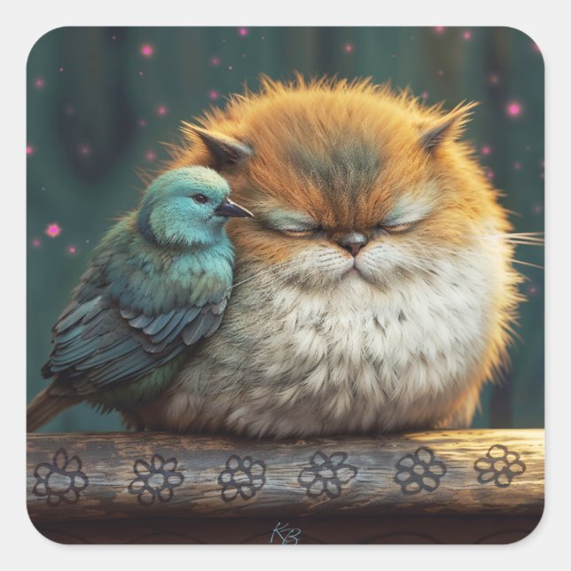 Fluffy cat with bird friend illustration square sticker (Front)