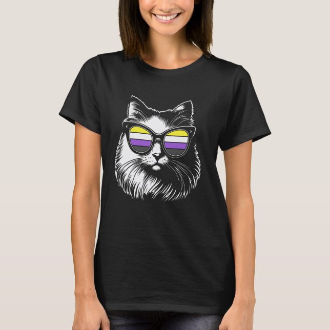 Fluffy Cat with Nonbinary Pride Glasses Funny Enby T-Shirt (Front)