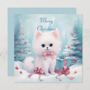 Fluffy Cat with Pink Bow Holiday Card