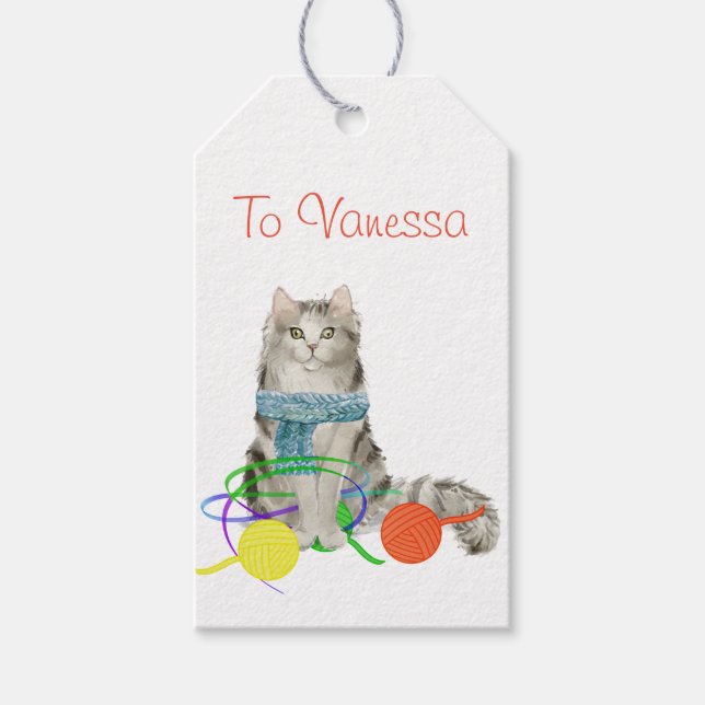 Fluffy Cat with Yarn and Scarf Gift Tag (Front)