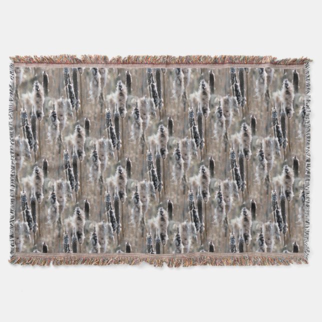 Fluffy Cattails Nature Art Pattern Throw Blanket (Front)