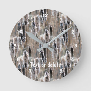 Fluffy Cattails Nature Pattern Personalized Round Clock