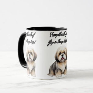 Fluffy Charm: Light Brown, Grey, and White Dog Mug