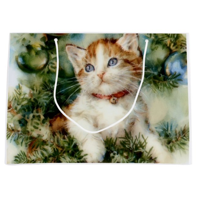 Fluffy christmas cat Watercolor Large Gift Bag (Front)