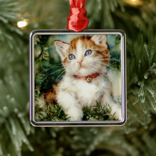 Fluffy christmas cat Watercolor Metal Ornament (Tree)