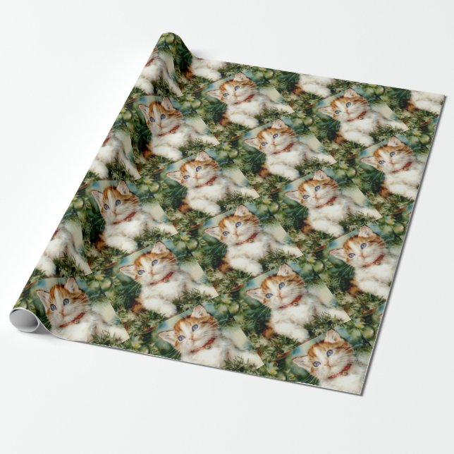 Fluffy christmas cat Watercolor Wrapping Paper (Unrolled)
