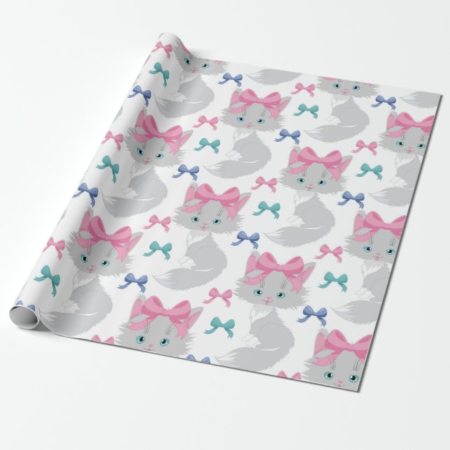 Fluffy Christmas Cat with Pink bow Wrapping Paper (Unrolled)