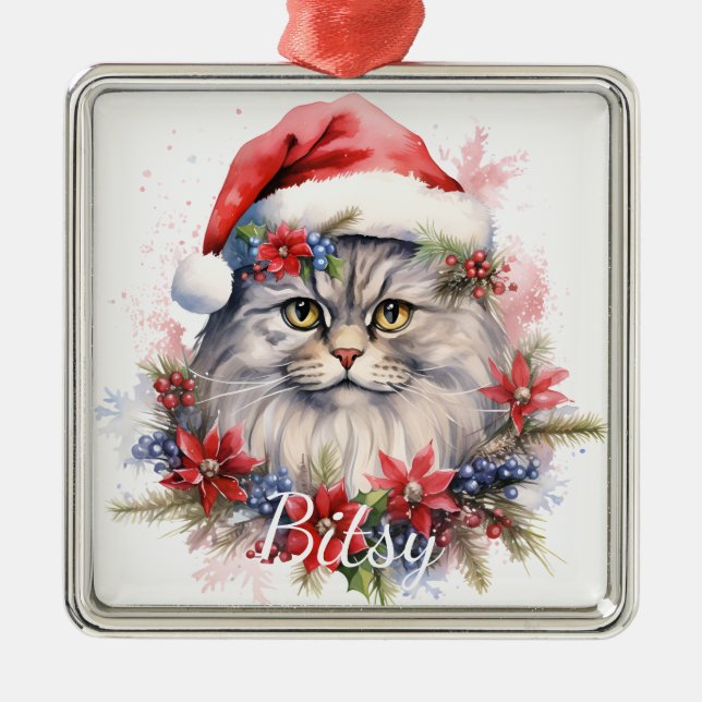 FLUFFY CHRISTMAS HOLIDAY CAT FACE METAL ORNAMENT (Front)