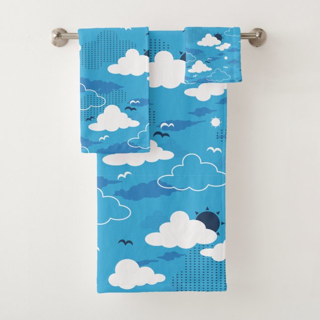 Fluffy Cloud Sunny Blue Sky Pattern Bath Towel Set (Insitu)