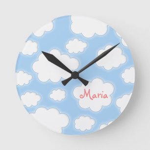 Fluffy Clouds Custom Name Personalized Round Clock