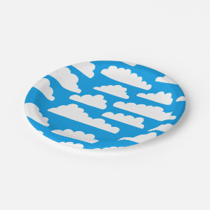 Fluffy Clouds Pattern - White on Blue 009dea Paper Plate