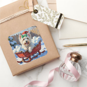 Fluffy Coton de Tulear Dog Vintage Christmas Sled Square Sticker