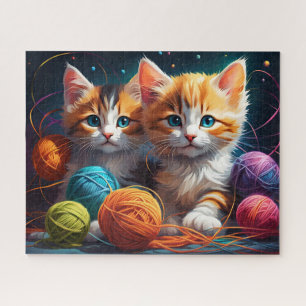 Fluffy cute calico Kittens, Colourful Yarn, Space Jigsaw Puzzle