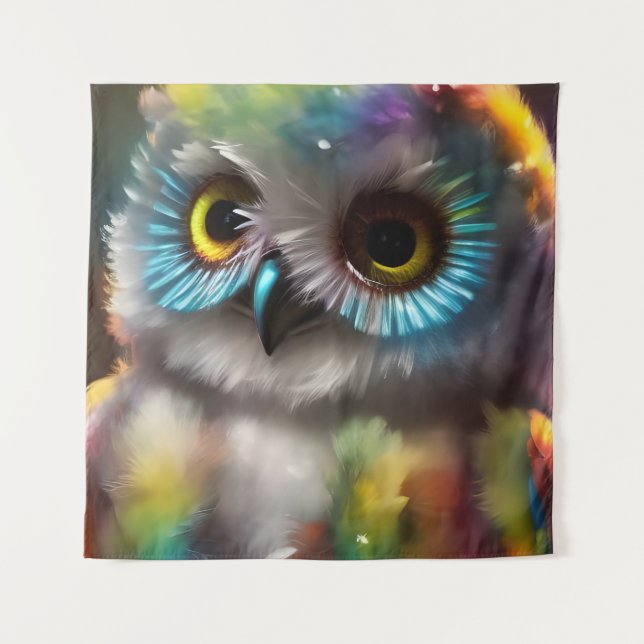 Fluffy Cute Colourful Owl Tapestry (Front)