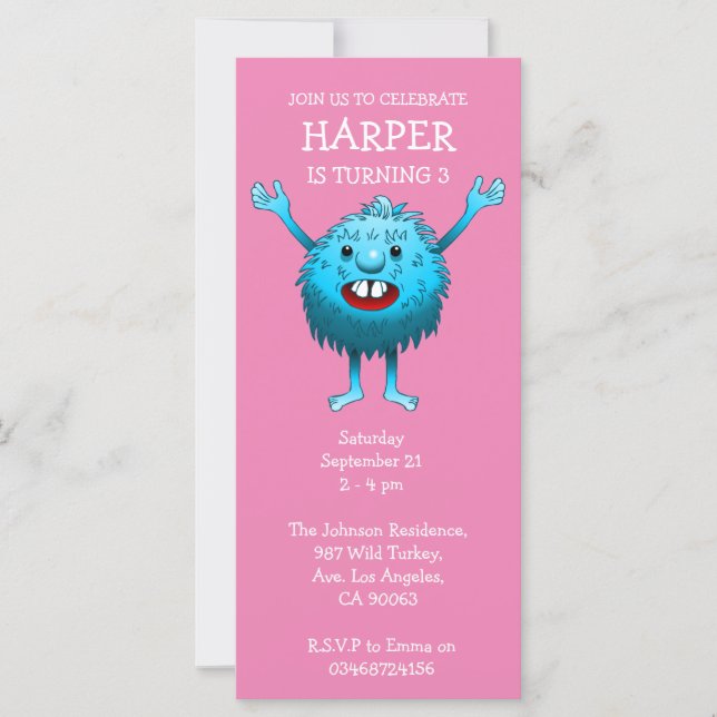 Fluffy Cute Monster Invitation Anniversaire (Devant)