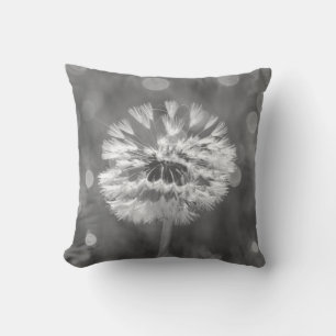 Fluffy Dandelion Black and White Flower Outdoor Pillow