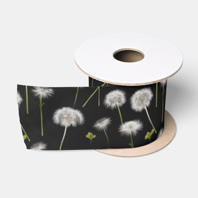 Fluffy Dandelions On Black Satin Ribbon (Spool)