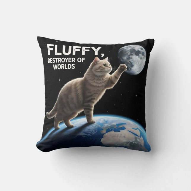 Fluffy, Destroyer of Worlds Throw Pillow (Front)