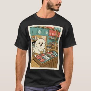 Fluffy Dog Fish Market Japanese Shop Illustration T-Shirt