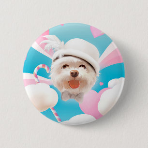 Fluffy Dog with White Hat 2 Inch Round Button