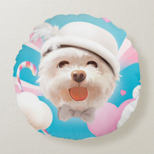 Fluffy Dog with White Hat Round Pillow