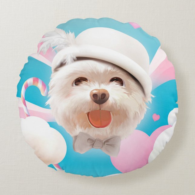 Fluffy Dog with White Hat Round Pillow (Front)